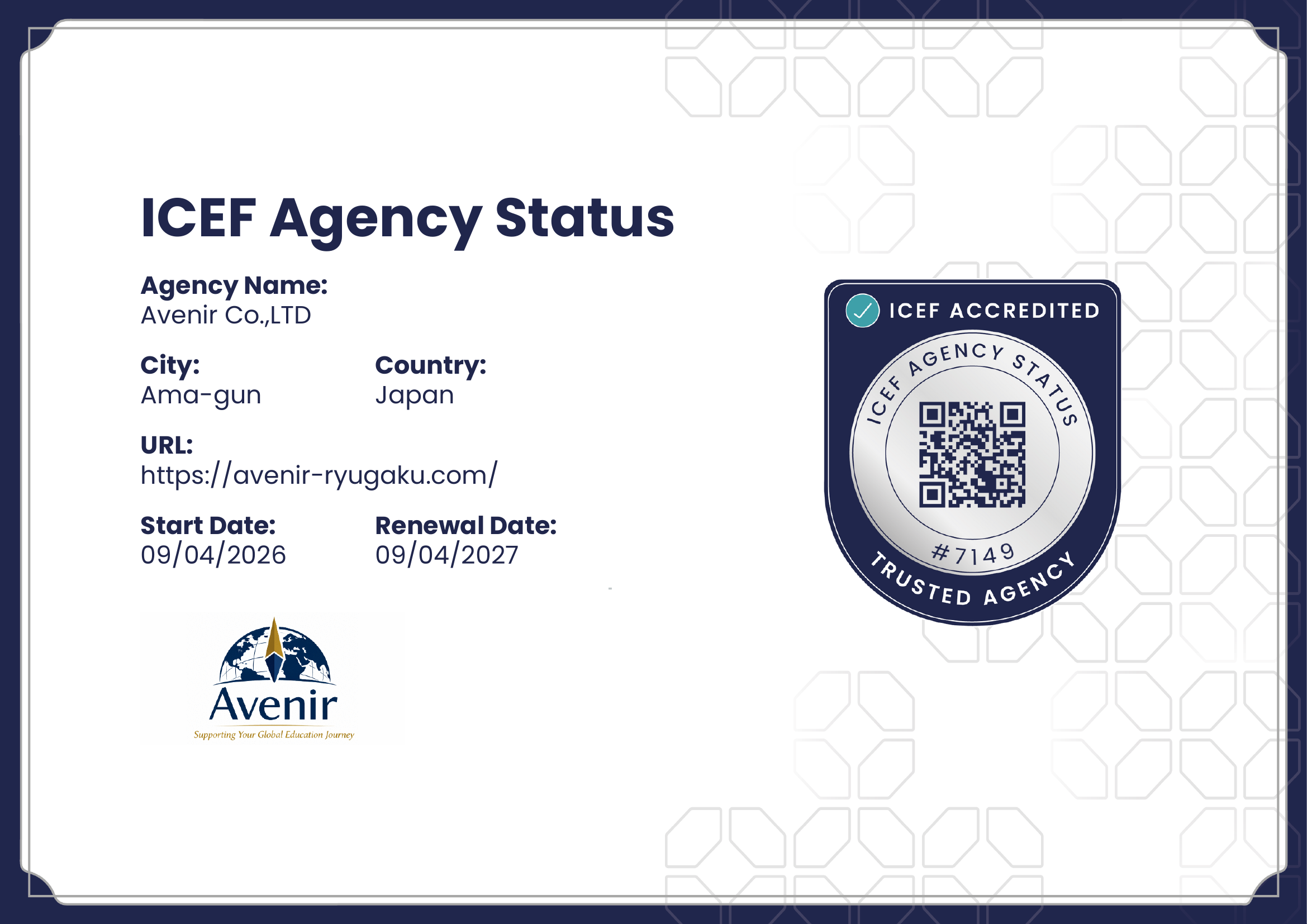 ICEF Agency Status - Avenir Co.,LTD #7149